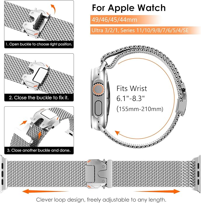 WINGLE Milanese Loop for Apple Watch Band Ultra 3/2/1 Band Ultra 49mm Series 11 10 46mm 45mm 44mm SE 3/2/1 Series 9 8 7 6 5 4 3 Men Women,Parachute-Style Buckle Stainless Steel Mesh Metal iWatch Bands