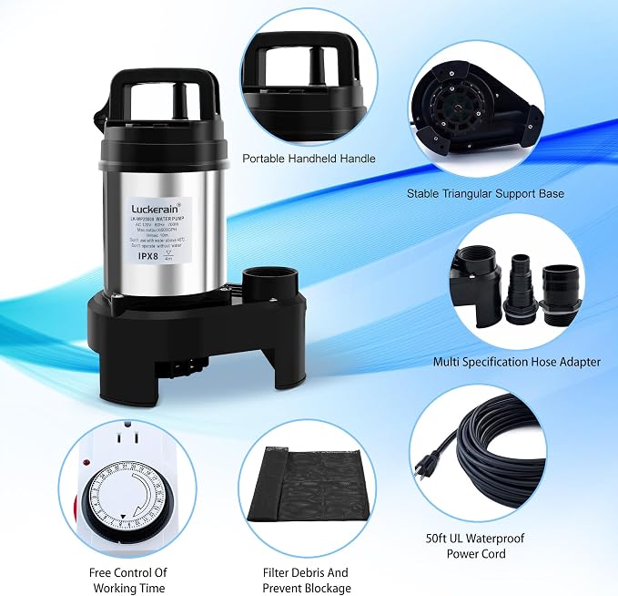 Submersible Water Pump 2/3 HP Stainless Steel Sewage Pump with Timer 5500 GPH Sump Pump for Garden Irrigation,Basement,Outdoor Drainage, 2'' NPT Discharge Port,50ft Cord