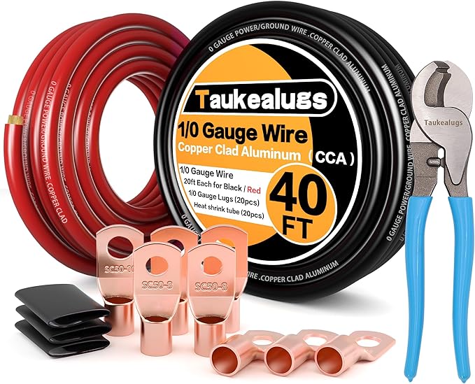 1/0 Gauge Battery Cable Wire Copper Clad Aluminum CCA Amp Wiring Kit 40FT Black/Red for Automotive Power Ground,Car Audio Speaker,Inverter Truck with 10FT Cable Cutter Lug Terminal Heat Shrink Tube