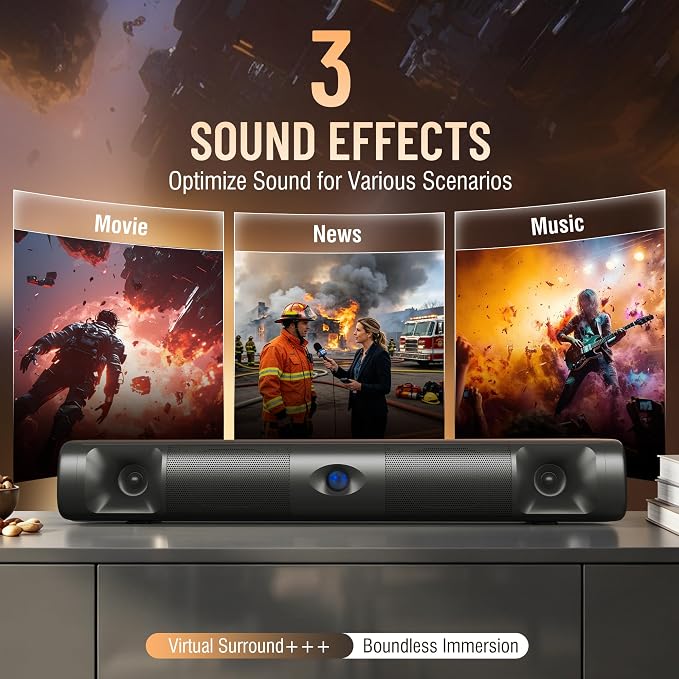 Sound Bar for Smart TV, 60W Bluetooth 5.3 Soundbar with Deep Bass & Clear Voice, Surround Sound with TV ARC/Optical/AUX, Slim 17-Inch Wall Mountable Sound Bar for TV, PC, Gaming & Projectors