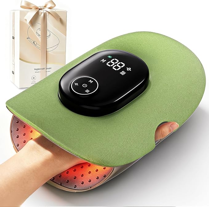 Hand Massager with Heat and Compression, Finger Stretch&Knuckle Stretching, 4 Massage & 5 Compression & 3 Temperatures Modes, Gifts for Women Men (Green)