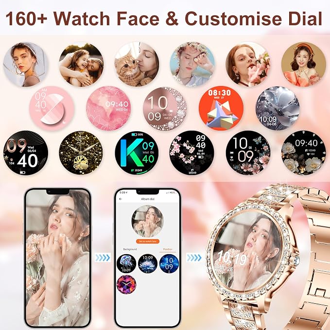 Smart Watches for Women(Make/Answer Call) with Diamond:1.32" Fitness Tracker Watch for HR/Blood Pressure/SpO2/Sleep Monitor,Digital Running Watches for Women Android/iOS,3 Strips