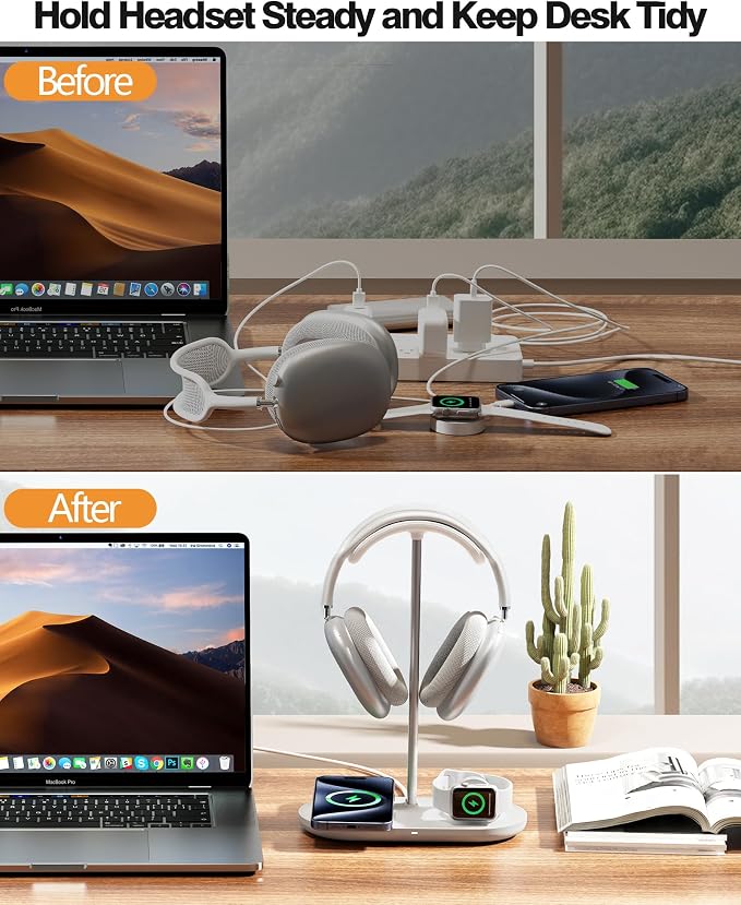 HiWe Headphone Stand, 2-in-1 Wireless Charger for iPhone/Apple Watch, Aluminum Alloy Rod, Minimalist Desk Organizer, White