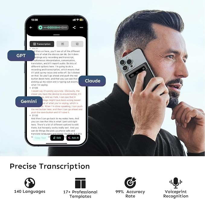AI Voice Recorder, 64GB, Unlimited Transcribe & Summarize with AI Technology, Note Voice Recorder with App Control, 140 Languages for Lectures, Meetings, Calls (Blue)