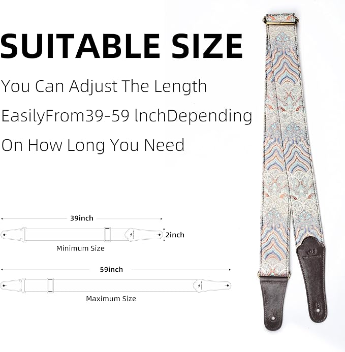 Guitar Strap, Electric& Acoustic Bass Guitar Straps,Embroidered Filament with Head Cowhide Leather Strap, with Free Strap Button,2 Guitar Strap Locks，4Guitar Pick (Blue Water Pattern)