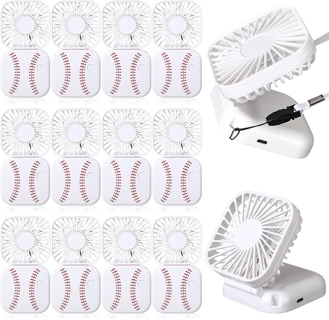 Retisee 12 Pcs Baseball Mini Portable Handheld Fans 3 Speed USB Rechargeable Necklace Fans Bulk 180° Foldable Electric Personal for Sport Party Favors Team Game Gift (White,Baseball)