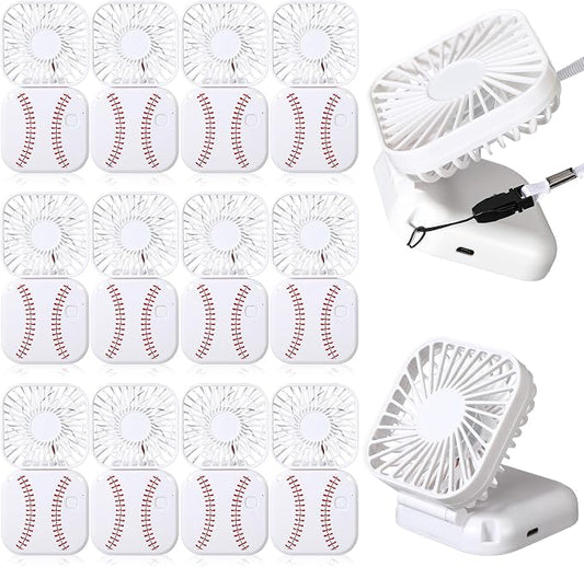 Retisee 12 Pcs Baseball Mini Portable Handheld Fans 3 Speed USB Rechargeable Necklace Fans Bulk 180° Foldable Electric Personal for Sport Party Favors Team Game Gift (White,Baseball)
