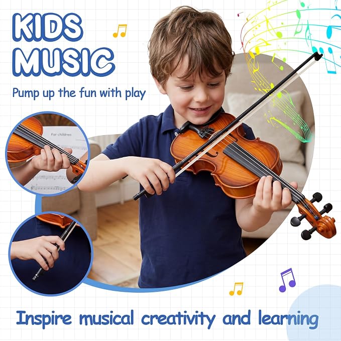 Lewtemi Kids Violin Toy, Fake Electronic Plastic Mini Violin with Melodies, Non-Professional Musical Instrument for Preschool Education, Early Learning Toy for Children Birthday Gift(Reddish Brown)