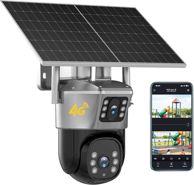 4G Solar Security Camera, 2K Dual-Lens Outdoor Camera Wireless with Human Detection, Two-Way Audio & Color Night Vision, 10400mAh Battery Powered Cameras, Cloud & SD Storage, Compatible with Alexa