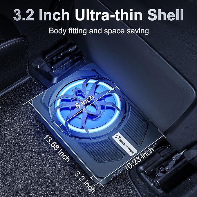 1000w Slim Under Seat Subwoofers with Amp,Car Subwoofer amp with Ambient Light,3.2" Height Amplified Subs High/Low Level Input for Car/Truck Audio,Powered Subwoofer and Amp Package Wire Kit Deep Bass