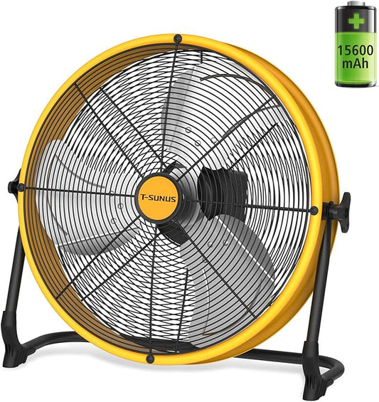 T-SUNUS 16" Battery Powered Floor Fan, 15600mAh Rechargeable Cordless Fan 2500 CFM High Velocity Airflow, Quiet Brushless Motor, 360° Adjustable Tilt for Home Garage Outdoor Patio RV Emergency Camping