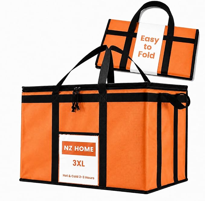 NZ home Insulated Bags for Food Delivery (3XL) Grocery Shopping Cooler Bag, Pizza Delivery, Hot & Cold Catering Tote, Reusable, Foldable & Heavy Duty (Orange)