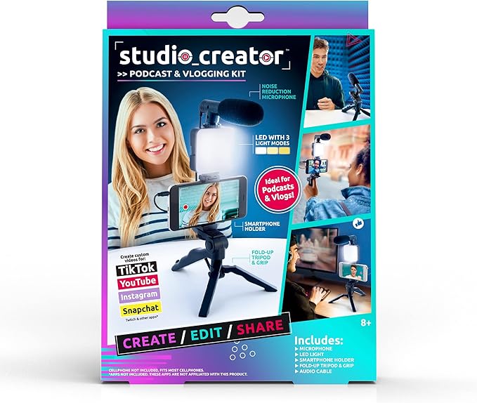 Canal Toys New Studio Creator Podcast & Vlogging Kit – Record Your own podcasts and Vlogs Like Your Favorite influencers! Fold-up Tripod, LED Light & Microphone. Ages 8+