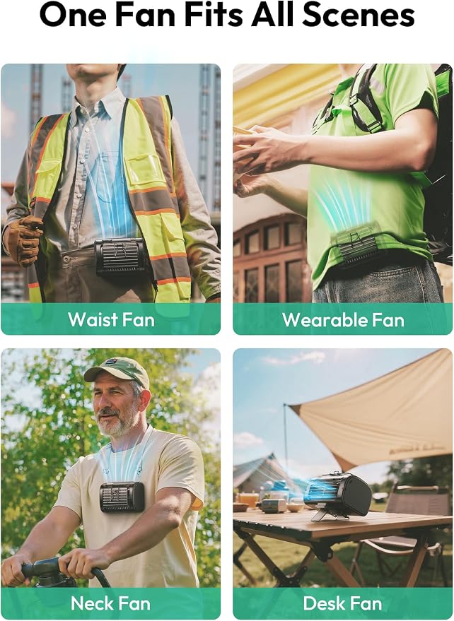 Aecooly Wide-Airflow Portable Waist Fan, 30ft/s Powerful Airflow, 5 Speeds Clip On Belt Shirt Fan with Flashlight, Hands-Free Up to 18H Cooling for Outdoor, Hiking, Jobsite, Farms, Gift for Men-Black