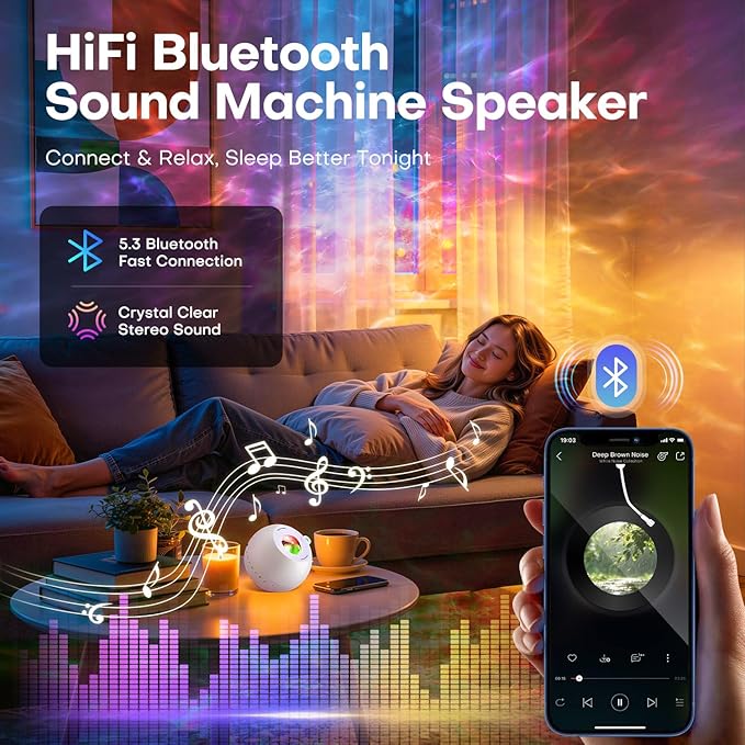 30 Sounds Machine Light Projector & Portable Bluetooth 5.3 Speaker, Premium Noise Machine for Adults & Baby, 15 Nebula Light Modes with Remote, Timer, Memory, Birthday Gifts for Teen & Adults