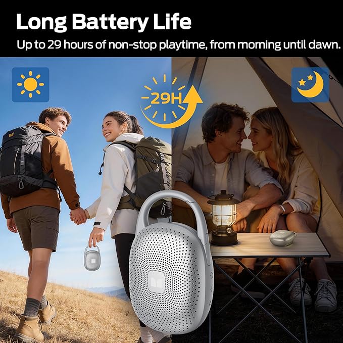 Monster Bluetooth Speaker Ultra-Portable with Integrated Carabiner Clip, IPX7 Waterproof, 29H Playtime, Bluetooth 6.0, TWS Pair Clip-On Speaker for Outdoor, Hiking, Beach, Shower & Travel, Light Grey