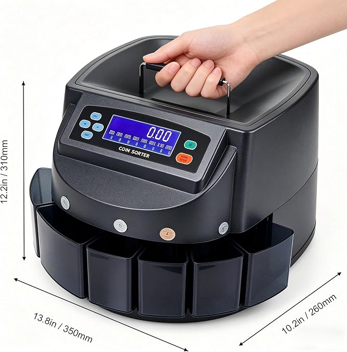 Professional Coin Counter Coin Sorter and Wrapper Machine, Accurate Smooth All USD Coins Change Sorter and Wrapper, with 5 Coin Bins & 5 Coin Tubes, 4 Sets Wrappers, 270pcs/min