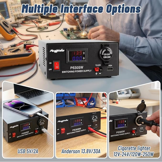 DC Bench Power Supply 30A 13.8V, Universal Regulated Power Supply for Radio, USB+Anderson+Cigarette Lighter Socket Home Lab Benchtop AC-to-DC Converter for CB/HAM/Amateur Radio