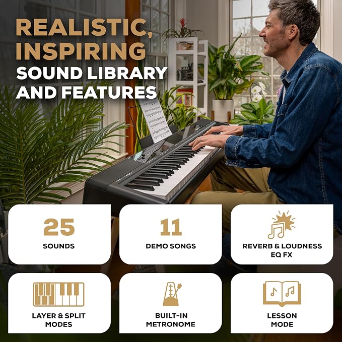 Alesis Recital Home Digital Piano with 88 Hammer Action Weighted Keys, Stand, Pedals and Lessons, Black