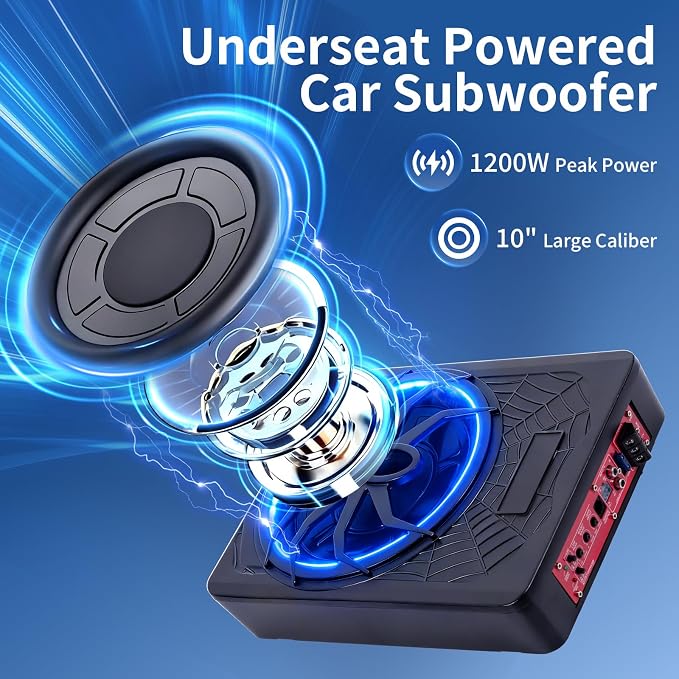 10" Slim Car Subwoofer 1200W Underseat Powered Subwoofer Car Audio Subs for Trucks Active Bass Speaker for Car Built-in Amplifier with Blue LED Ambient Light Low & High Level Inputs
