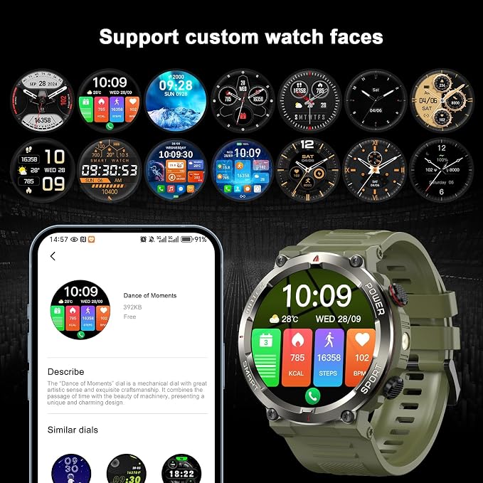 Military Tactical Smart Watches for Men, 100-Day Battery Rugged Fitness Watch with Compass & Flashlight, Sports Watch for Android with 1.45" HD Display AI Voice, IP68 Waterproof Smartwatch (Green)
