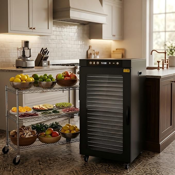 CLIVIA Commercial Food Dehydrator, 32.73 ft² Dehydrator with Wheel, 1600W Extra Large Capacity 20 Tray Industrial Meat Dryer for Jerky, Fruit, Dog Treats, 194°F Max Temp & 0-24H Timer