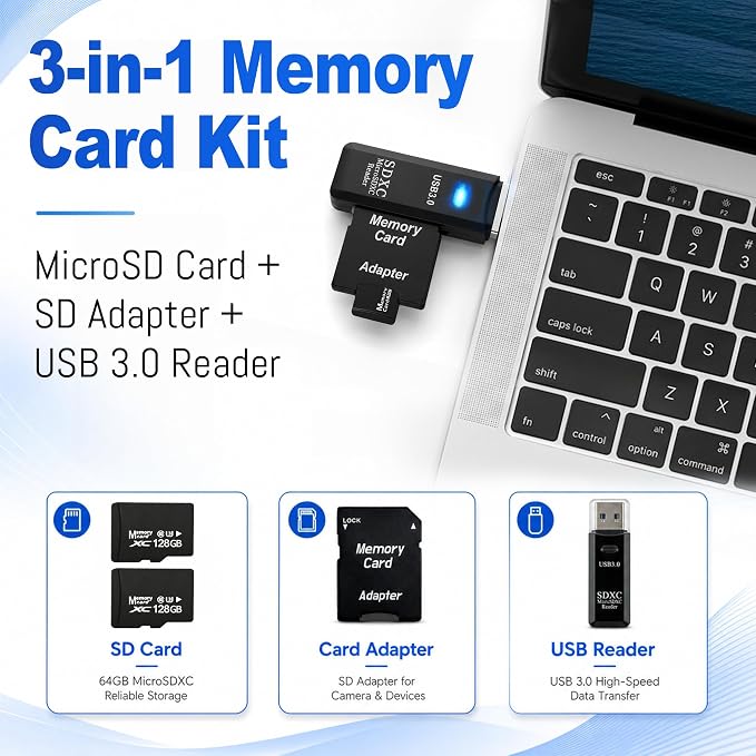 2-Pack 128GB Micro SD Card for Dash Cam, Security Camera, Retro Gaming, with USB-A 3.0 Reader & SD Adapter, U3 V30 A1 Class 10