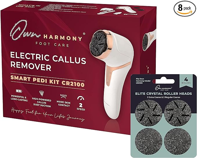 Own Harmony Electric Callus Remover with Vacuum and 7 Rollers Bundle - Foot Care for Women - Professional Pedicure Tools for Pedi Care Vac, CR2100 Electric Feet File, Best for Hard Dry, Cracked Heels