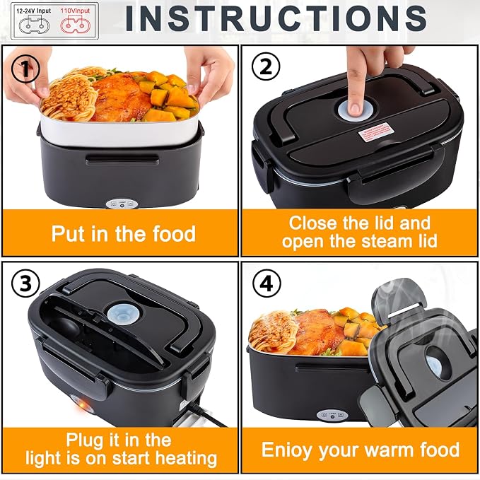 Nifogo Electric Lunch Box for Adults 100W 1.5L Portable Heated Lunch Box for Men 3 in 1 Portable Food Warmer 110V/12V/24V Removable Stainless Steel Container & Big Bag