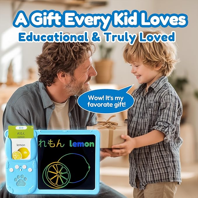 Drawing Tablet with Bilingual Flashcards for Kids - Japanese English Talking Flash Cards, LCD Writing Pad Board, Pocket Speech for Toddlers, Learning Toy Gift for Boy Girls (Japanese, Blue)