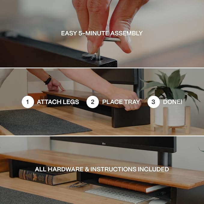 COREMINDED Solid Wood Dual Monitor Stand Riser – 42" Walnut Desk Shelf for 2 Monitors with Tray & Wool Felt, Organizer for Desktop, Laptop and Office (Walnut)