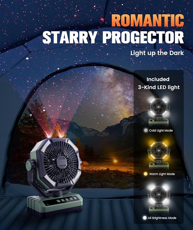 Camping Fan Battery Powered Fan - Rechargeable with Starlight, 20000mAh Battery Operated Outdoor 5 Speed Desk Fans with LED,Hook,Remote Control, Timer,Personal Fans for Tent, Power Outage, Fishing