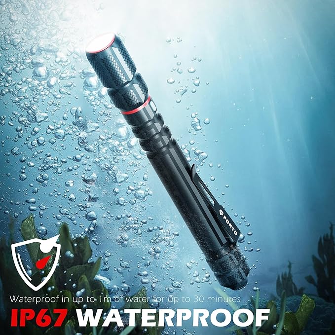 FORTO Rechargeable Pen Light Flashlight, 400 Lumens Small Pocket Flashlight with Clip, IP67 Waterproof, 2 Light Modes, 3-Color Battery Indicator, Type-C Charging, for Inspection,Emergency（2 Pack）