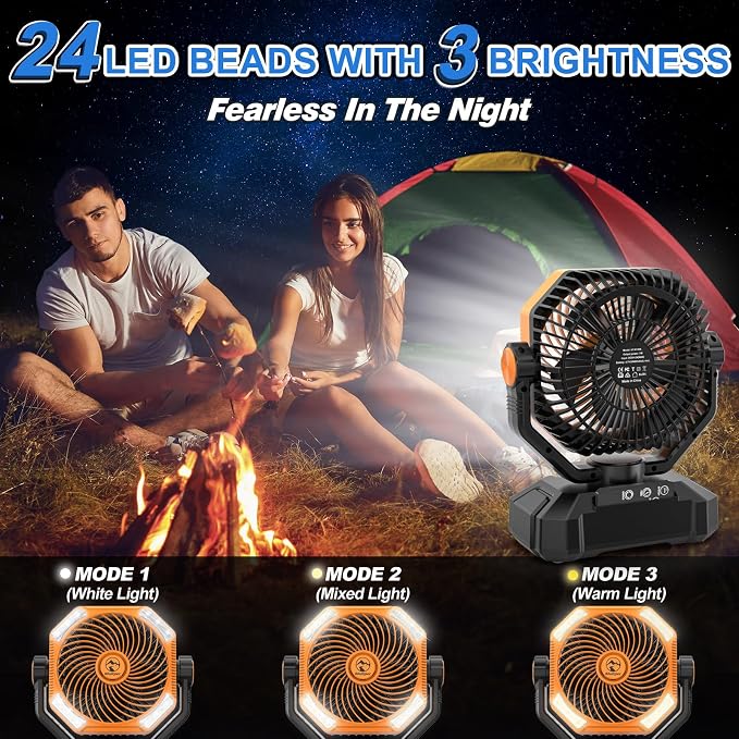 Multper 20000mAh Camping Fan with LED Lantern, 65H Runtime Battery Operated Fan for Tent, Auto-Oscillating Rechargeable Fan with Remote, 4 Speeds Personal Desk Fan for Camping, RV, Jobsite, Outage