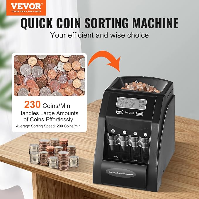 VEVOR USD Coin Sorter, Coin Counter Machine for ¢1 ¢5 ¢10 ¢25 Coins, LCD Screen Display, Coin Sorter and Wrapper Machine with Thicker Coin Tubes and Tray, Holds up to 200 Coins