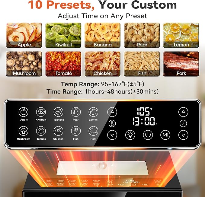 Manastin Food Dehydrator Machine 10 Stainless Steel Trays, 850W Dryer for Meat Jerky, Fruit, Herbs, Yogurt & Dog Treats, 95-167℉ Dehydrated Dryer, 48H Timer, 10 Presets, Overheating Protection, Black