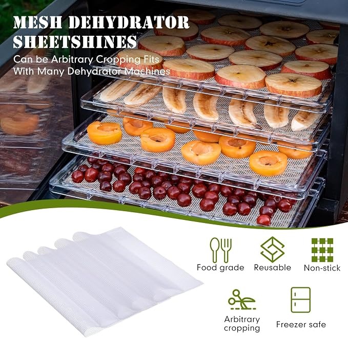 Thenshop 8 Silicone Dehydrator Mats & 10 Mesh Dryer Mats and 1 Baking Scraper, Reusable Non Stick Silicone Dehydrator Tray with Edge for Baking Fruits Meat Vegetables(Green)