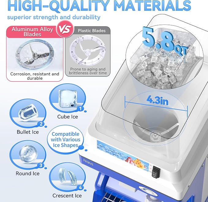 Electric Ice Shaver Machine, 300W Shaved Ice Machine, Thickness Adjustable Snow Cone Maker Machine 661LBs/hr Ice Crusher for Bar Parties Events Snack, Home and Commerical Use Blue(5.8Qt)