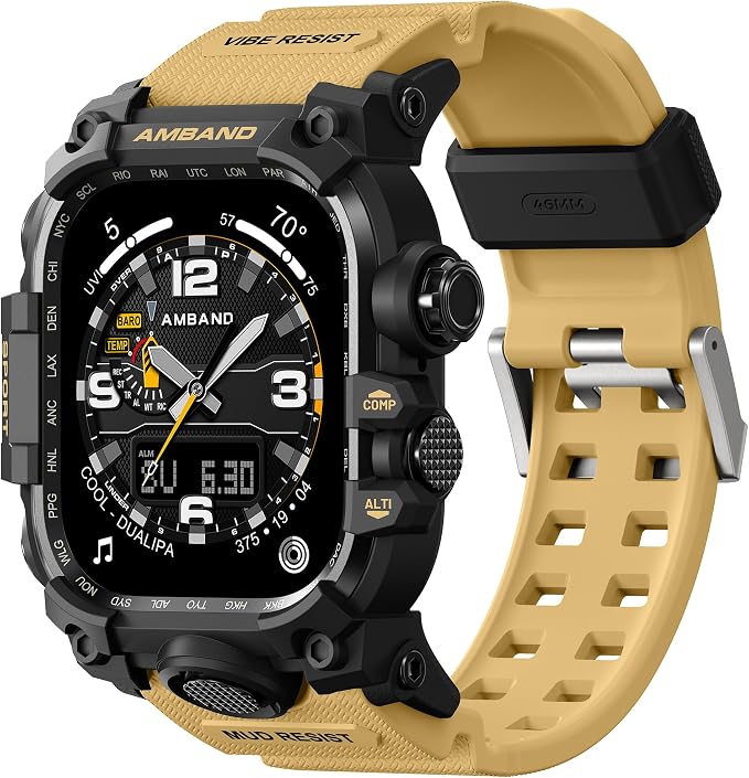 amBand Rugged Case with Band for Apple Watch 46mm, Compatible with Apple Watch (iWatch) Series 10 11, Military Grade Shockproof Bumper Cover, Tactical Band for Men, Sand Beige