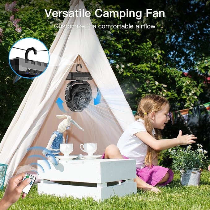 FRIZCOL 3-in-1 Camping Fan - Portable Fans Rechargeable - 48000mAh Battery Powered Fan with Light & Remote for Indoor, Outdoor, Tent, Travel, Fishing, Jobsite, Gifts for Men Dad Him - Black