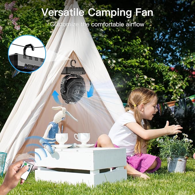 FRIZCOL 3-in-1 Camping Fan - Portable Fans Rechargeable - 36000mAh Battery Powered Fan with Light & Remote for Indoor, Outdoor, Tent, Travel, Fishing, Jobsite, Gifts for Men Dad Him - Black