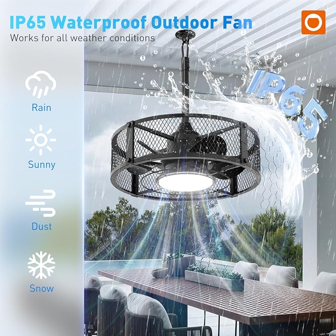 addlon 20 Inch Outdoor Ceiling Fans with Lights, IP65 Waterproof Plug in Caged Hanging Fan for Gazebo, Remote Control, 3 CCT, 6 Speeds Reversible Outdoor Fan for Patio, Pergola, Porch