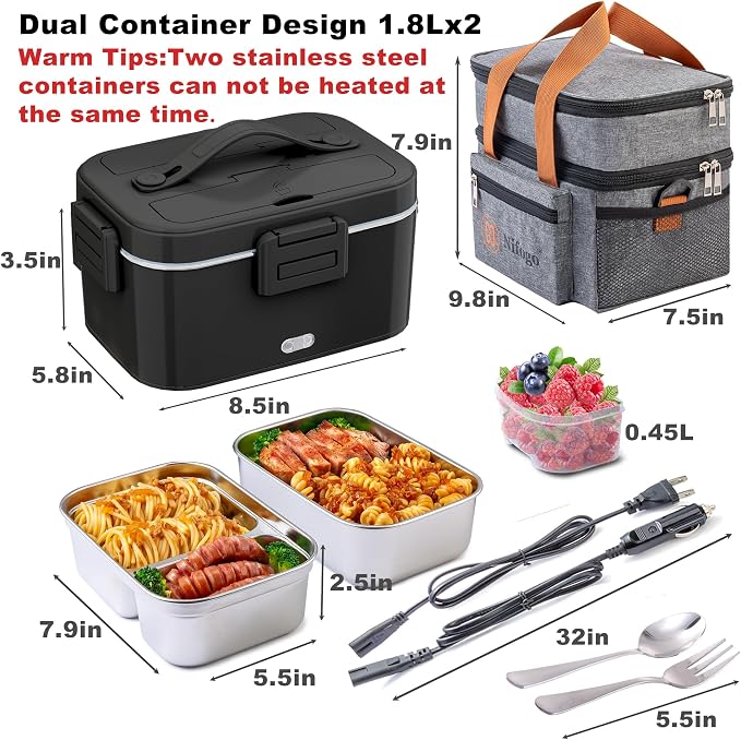 Nifogo Electric Lunch Box for Adults 100W with 2 Stainless Steel Containers, 1.8L Heated Lunch Boxes for Men, Food Heater Portable 12/24/110V for Work Car Truck