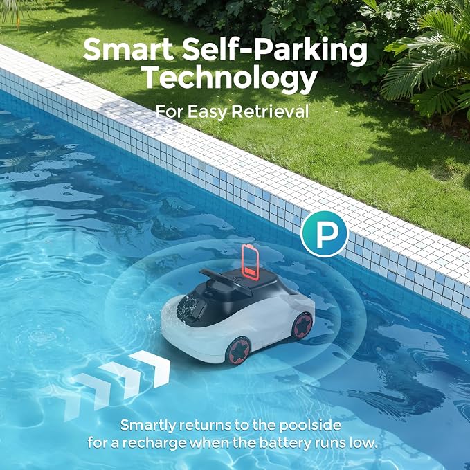 C5 Robotic Pool Cleaner, Cordless Pool Vacuum for Above-Ground & Inground Pools up to 2,200 Sq.Ft, Strong Suction, 180-Min Runtime, Smart Auto-Parking & 2.7L Large Debris Basket (White-Black)