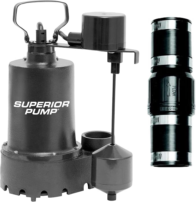 Superior Pump 92053 Cast Iron Submersible Sump Pump with Vertical Switch, plus 1-1/2-Inch Rubber Boot Check Valve, 1/2 HP, Kit