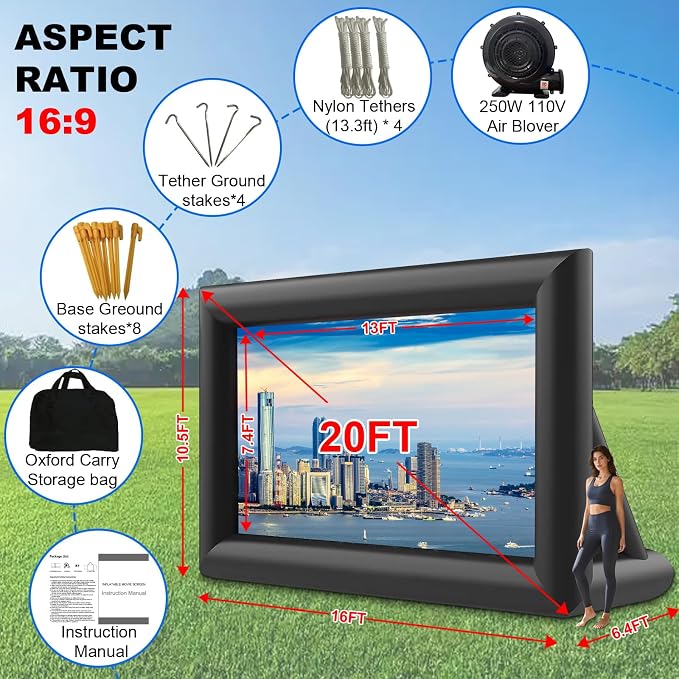 GYUEM 20 feet Inflatable Portable Projector Movie Screen - Huge Air-Blown Cinema Projection Screen Package with Rope, Blower,Tent Stakes - Front & Rear Projection,for Outdoor Party Backyard Pool Fun