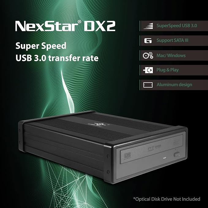 NexStar DX2 USB 3.0 External Enclosure, Design for 5.25" Blu-Ray/CD/DVD SATA Drive, 2nd Gen DX, Aluminum Alloy, fit Any Depth Optical Drive, TAA Compliant, USB Hot swappable (NST-540S3-BK)