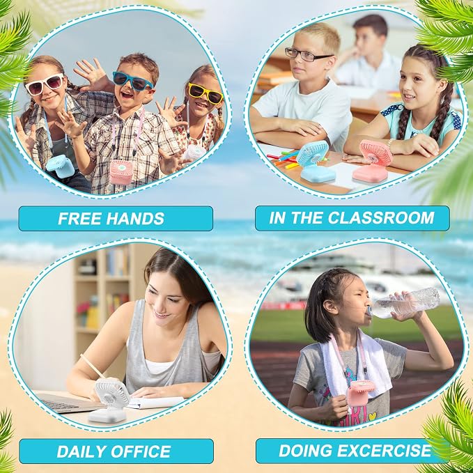 Hortsun 12 Pcs Mini Handheld Fan Bulk Portable Personal Neck Fan Small Foldable Hands Free with USB Rechargeable Gifts for Travel Summer Concerts Vacation Outdoor 3 Speed(Blue, Pink, White)
