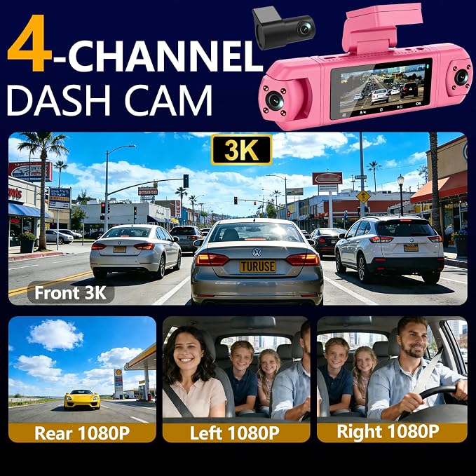4 Channel Dash Cam,360 Degree, Front and Rear Inside Dash Cam for Cars, APP Control, Built-in WiFi,8 IR Night Vision, Parking Mode, Loop Recording, Fre 64G SD Card, Voice Control,3K+1080P x3