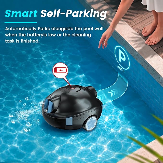 Y10 Robotic Pool Cleaner,Cordless Pool Vacuum with 150 Mins Runtime,High Efficiency Dual Suction Power,Self-Parking&Smart Navigation for Above-Ground & Flat Inground Pools up to 1300 sq.ft (Charcoal)